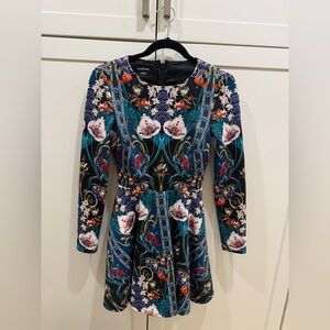Bebe Long Sleeve Dress with Floral Pattern - Blue and Red